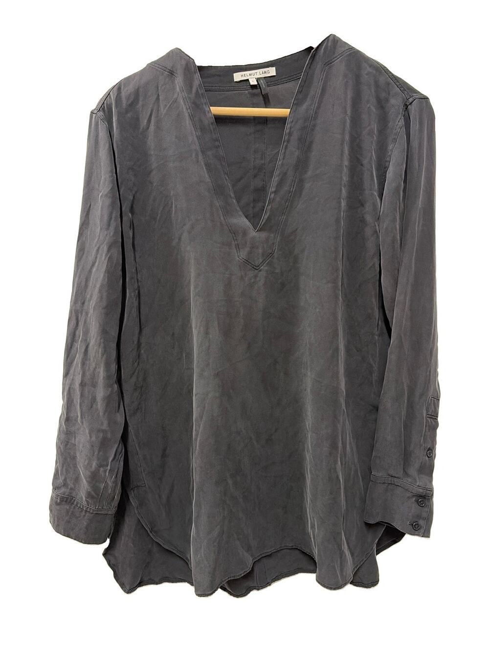 Helmut Lang Black Silk Long Sleeve Tunic Blouse Side Slit V-Neck Size Small